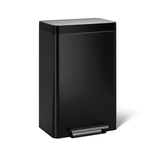 KOHLER 13-Gallon Stainless Steel Step Trash Can, Black Stainless Steel, Hands-Free Pedal, Quiet-Close Lid, Fingerprint-Resistant, Durable, K-20940-BST