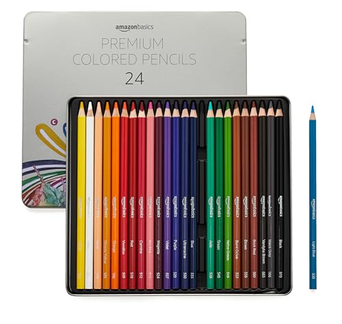 Amazon Basics Premium Colored Pencils, 24-Count Tin