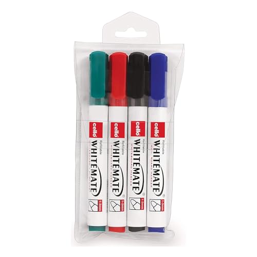 Cello Whitemate Whiteboard Markers | Set Of 4 Markers | 4 Assorted Ink Colours | Fine Point Marker Pens With Easily Refillable And Erasable Ink | Writ