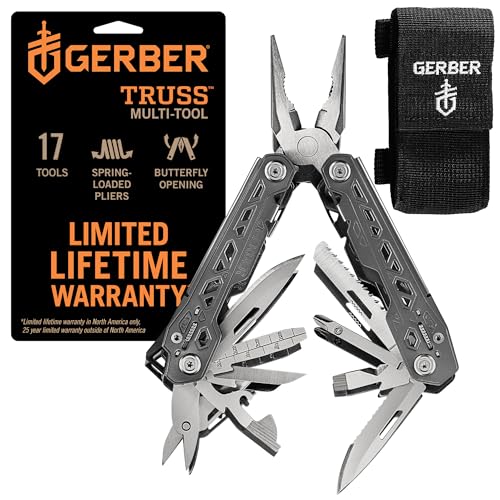 Gerber Gear Truss 17-in-1 EDC Needle Nose Pliers Multi tool - includes Pocket Knife, Screwdriver, and Bottle Opener Accessories - Gifts for Men, Fishing and Camping Gear - Gray with Standard Sheath