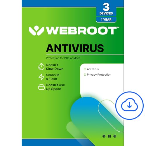 Webroot Antivirus Software 2025 | 3 Device | 1 Year Download for PC/Mac