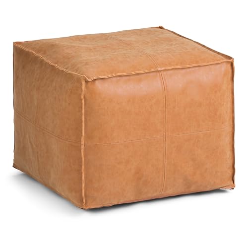 SIMPLIHOME Brody 18-inch Wide Square Pouf in Distressed Brown Vegan Faux Leather, Boho-Style Ottoman, Footstool or Extra Seating for Living Room, Assembled