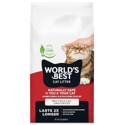 WORLD'S BEST CAT LITTER Multiple Cat Unscented, 15-Pounds - Natural Ingredients, Quick Clumping, Flushable, 99% Dust Free & Made in USA - Long-Lasting Odor Control & Easy Scooping