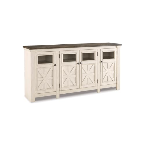Signature Design by Ashley Bolanburg Two Tone Farmhouse TV Stand, Fits TVs up to 72", 3 Cabinets and Adjustable Storage Shelves, Whitewash