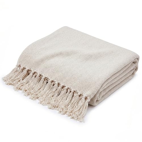 Americanflat Throw Blanket for Couch in Cream Herringbone 50" x 60" - All Seasons Lightweight Cozy Soft Blankets & Throws for Bed and Sofa - 100% Cotton with Fringe