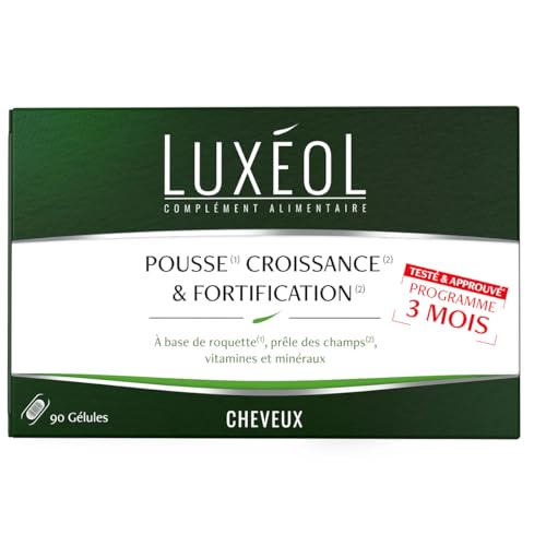 LUXÉOL - Pousse Croissance & Fortification - Complément Alimentaire Cheveux | Roquette, Prêle Des Champs, Zinc, Cuivre, Sélénium, Vitamine B8 & B6 - Fabriqué En France - Programme 3 Mois - 90 Gélules