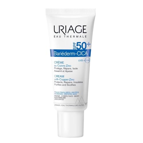 (-47%) Uriage Bariederm-Cica Creme LSF50 Mehrzweckcreme mit SPF50+ Sonnenschutz. Tägliche Gesichtscreme mit Kupfer-Zink - verhindert die Bildung von Hautflecken - Narben, Tattoos, Laser - Parfümfrei - 40ml