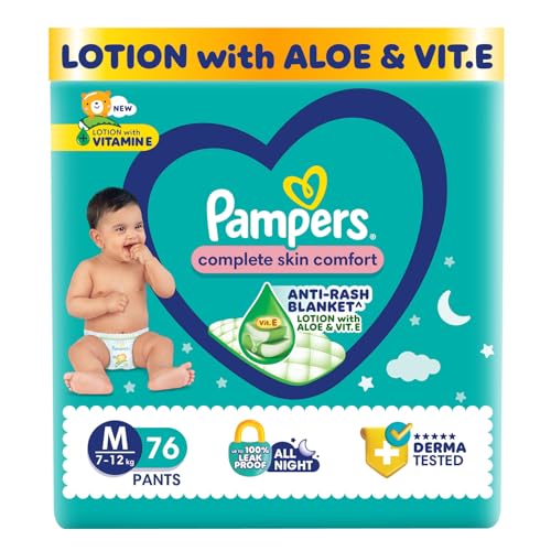 Complete Skin Comfort Pants, (M) 76 Count, Anti-rash blanket, Lotion with Vitamin E & Aloe Vera, Medium, 7-12kg
