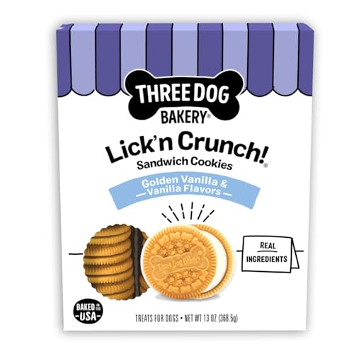 Three Dog Bakery Lick'n Crunch! Golden & Vanilla Sandwich Cookies, Dog Treat, Puppy Cookies with Real Ingredients, Dog Birthday Treat, Training Reward