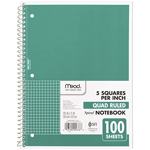 Mead Spiral Notebook, 1 Subject, Graph Ruled Paper, 7-1/2" x 10-1/2", 100 Sheets, Green (05676AC5)