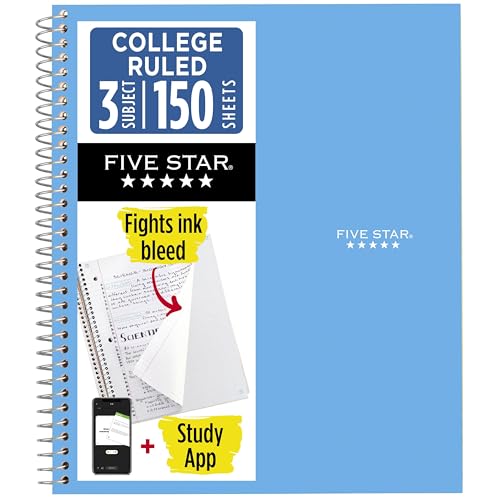 Five Star Spiral Notebook + Study App, 3 Subject, College Ruled Paper, 8-1/2" x 11", 150 Sheets, Fights Ink Bleed, Water Resistant Cover, Pacific Blue (73623)