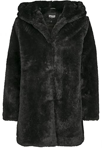 3,20€ Coupon! Urban Classics Ladies Hooded Teddy Coat aus Fake Kaninchenfell, Damen Mantel mit Kapuze und Seitentaschen, black, L