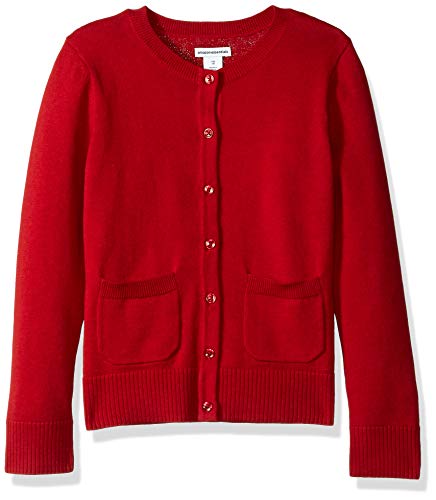 Amazon Essentials Girls' Uniform Slim Fit Crewneck Cardigan Sweater, Red, Large