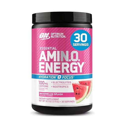 Optimum Nutrition Amino Energy Powder Plus Hydration, with BCAA, Electrolytes, and Caffeine, Watermelon Splash, 30 Servings (Packaging May Vary)
