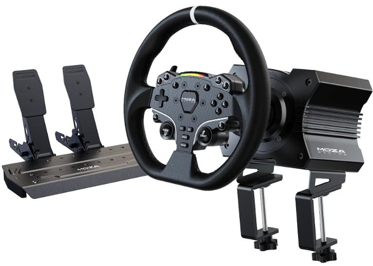 MOZA R5 All-in-One PC Gaming Racing Simulator: 5.5Nm Direct Drive Wheel Base, 11-inch Racing Wheel, Anti-Slip Pedals and a Desk Clamp, Cloud-based App Control