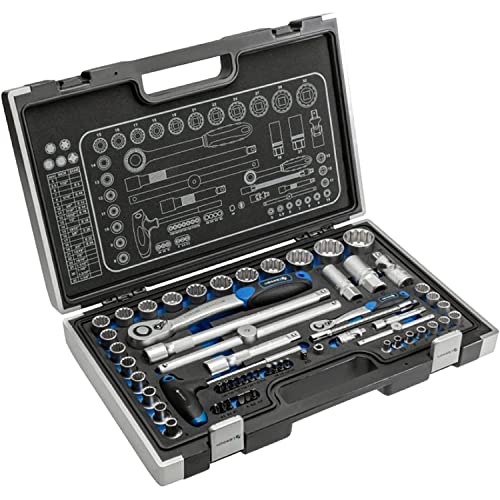 Högert Technik - Werkzeugset 60-tlg Werkzeugkoffer Steckschlüssel, Bits und Zubehör 1/4”, 1/2” Cr-V, Verformungsfest I Ratschenmechanik mit 72 Sperrkl