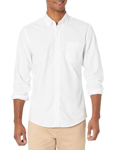 Amazon Essentials Slim-Fit Dress Shirts for Men - Long-Sleeve, Pocket, Button-Down Oxford Shirt, White, Large