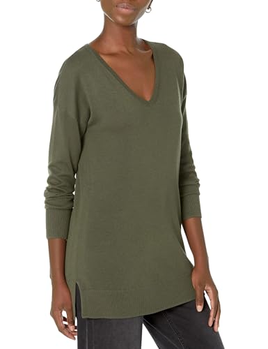 Amazon Essentials Women's Lightweight Long-Sleeve V-Neck Tunic Sweater (Available in Plus Size), Dark Olive, Medium
