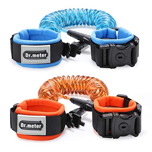 Dr.meter Toddler Leash, 2 Pack Safety Anti Lost Wrist Link with Key Lock, Reflective Child Walking Harness, 8.2ft Blue + 4.92ft Orange Kids Leash for Supermarket Mall Airport Amusement Park Zoo Travel