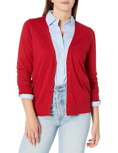 Amazon Essentials Women's Lightweight V-Neck Cardigan Sweater (Available in Plus Size), Red, X-Large