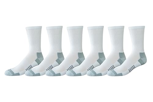 Amazon Essentials Men's Performance Cotton Moisture Control Socks, Athletic Crew, Breathable, 6 Pairs, White, 13-15