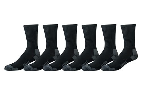Amazon Essentials Men's Performance Cotton Moisture Control Socks, Athletic Crew, Breathable, 6 Pairs, Black, 8-12