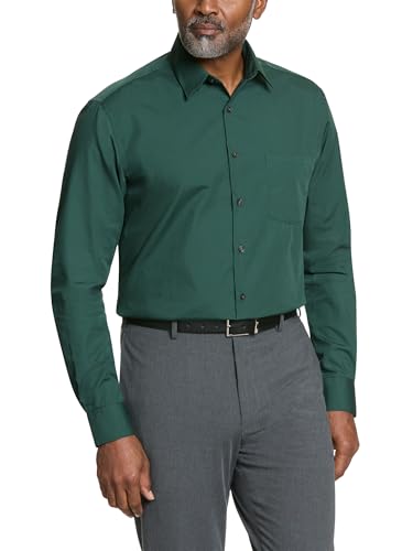 Van Heusen Men's Dress Shirt Regular Fit Poplin Solid, Dark Leaf, 17.5" Neck 34"-35" Sleeve