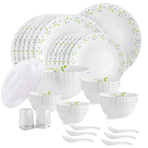 CELLO Tropical Lagoon Dazzle Series Opalware Dinner Set of 37 Pieces For Family of 6 | Bone-Ash Free & Leadfree Opal Glass, Microwave & Dishwasher Saf