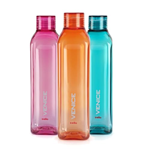 CELLO Venice Water Bottles Set of 3 Pcs For Daily Use, 1000ml Each Multicolor | Stylish & Unbreakable BPA-Free Leakproof Refrigerator Safe Pet Water B