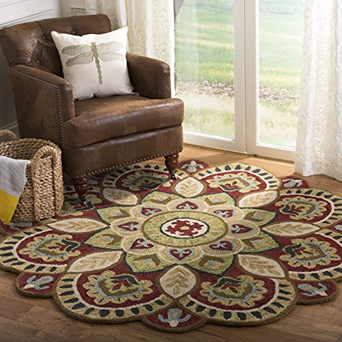 SAFAVIEH Novelty Collection Area Rug - 4' Round, Red & Taupe, Handmade Boho Floral Rustic Country Wool, Ideal for High Traffic Areas in Living Room, Bedroom (NOV604Q)