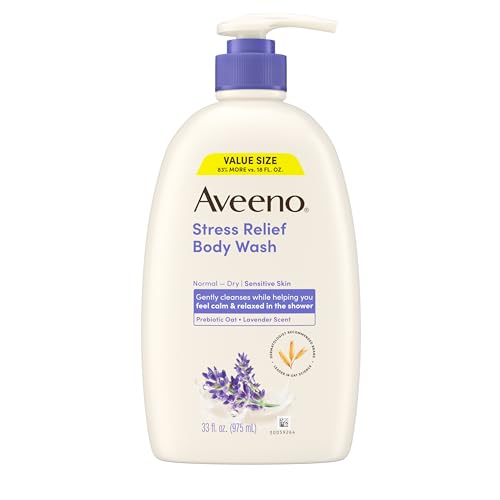 Aveeno Stress Relief Body Wash with Nourishing Oat & Lavender Scent for Sensitive Skin, Gently Cleanses & Helps You Feel Calm & Relaxed in the Shower, Soap-Free, 33 fl. oz