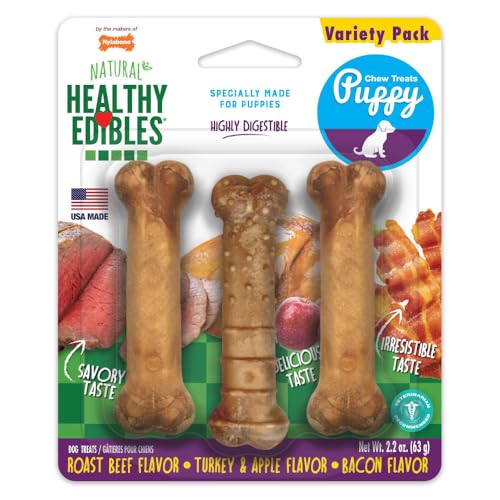 Nylabone Healthy Edibles Natural Puppy Chews Long Lasting Treats for Puppies, Roast Beef, Apple & Bacon Flavor, X-Small/Petite (3 Count)