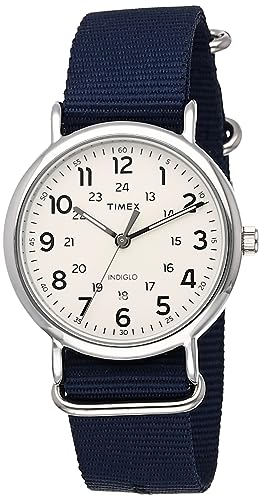 Timex Men's Weekender 40mm Watch – Silver-Tone Case Cream Dial with Blue Fabric Slip-Thru Strap