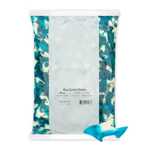 Albanese World's Best Blue Gummi Sharks | 5lbs of Candy | Gluten Free, Fat Free, Soft and Chewy Gummy | Firecracker Pop Flavor: Cherry, Lemon-Lime, Blue Raspberry | Perfect for Themed Kid's Parties