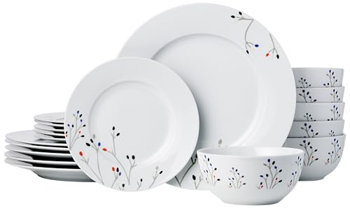 Amazon Basics Dinnerware Set, Microwave and Dishwasher Safe, Service for 6, 18-Piece Complete Kitchen, Plates, Dishes, Bowls, Branches