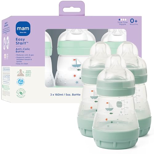MAM 5oz Easy Start Anti-Colic Baby Bottles, Slow Flow, Breastfeeding-Like Silicone Nipple Bottle, Reduces Colic, Gas, & Reflux, Easy-to-Clean, BPA-Free, Vented Baby Bottles for Newborns, 0-3 Months