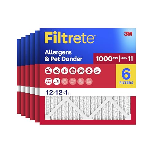 Filtrete 12x12x1 AC Furnace Air Filter, MERV 11, MPR 1000, Micro Allergen Defense, 3-Month Pleated 1-Inch Electrostatic Air Cleaning Filter, 6 Pack (Actual Size 11.81x11.81x0.81 in)