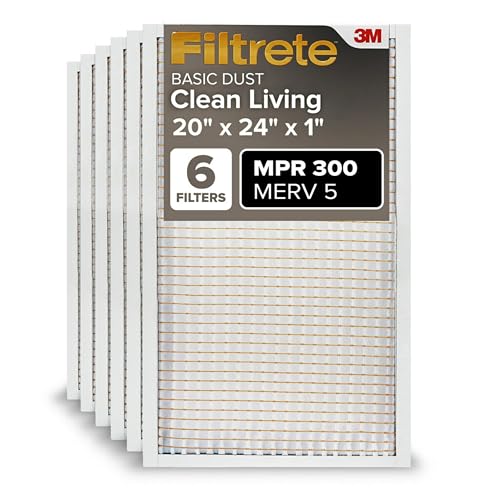 Filtrete 20x24x1 AC Furnace Air Filter, MERV 5, MPR 300, Capture Unwanted Particles, 3-Month Pleated 1-Inch Electrostatic Air Cleaning Filter, 6-Pack (Actual Size19.81x23.81x0.81 in)