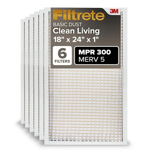 Filtrete 18x24x1 Air Filter, MPR 300, MERV 5, Clean Living Basic Dust 3-Month Pleated 1-Inch Air Filters, 6 Filters