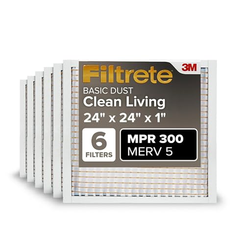Filtrete 24x24x1 Air Filter, MPR 300, MERV 5, Clean Living Basic Dust 3-Month Pleated 1-Inch Air Filters, 6 Filters