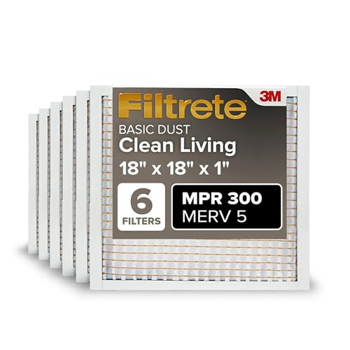Filtrete 18x18x1 Air Filter, MPR 300, MERV 5, Clean Living Basic Dust 3-Month Pleated 1-Inch Air Filters, 6 Filters, White