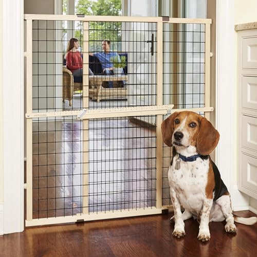 MYPET North States Wire Mesh Dog Gate: 29.5-48" Wide. Pressure Mount. No Tools Needed. Made in USA. Dog Gate 37" Tall, Expandable, Durable Dog Gates for Doorways, Sustainable Hardwood, Natural Finish