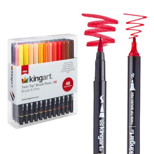 KINGART PRO Dual Twin-Tip Brush Pens, Set of 48 Unique & Vivid Colors, Watercolor Markers with Flexible Nylon Brush Tips, Professional Watercolor Pens for Painting, Drawing (445-48)