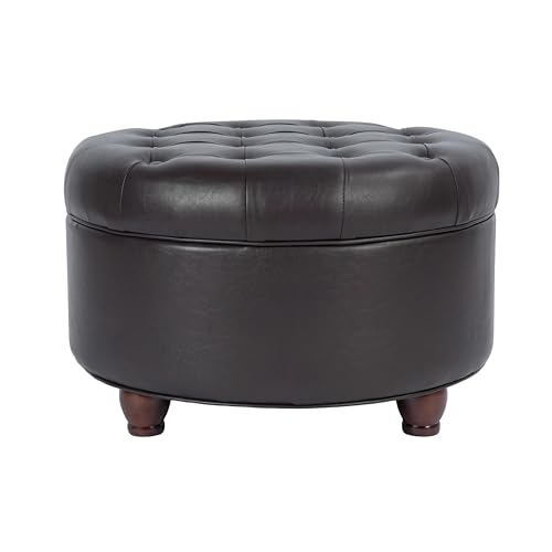 Homepop Home Decor | Button Tufted Faux Leather Round Storage Ottoman | Ottoman with Storage for Living Room & Bedroom (Distressed Brown)