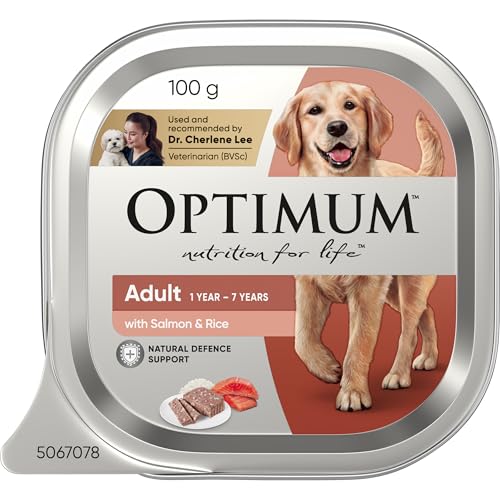 OPTIMUM Salmon and Rice Wet Dog Food, Adult, 100g Tray, 12 Pack