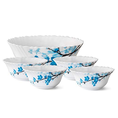 Larah by Borosil Mimosa Fluted Series Opalware 5 Pcs Pudding Set | Microwave & Dishwasher Safe | Bone-Ash Free | Crockery Set For Dining & Gifting | B