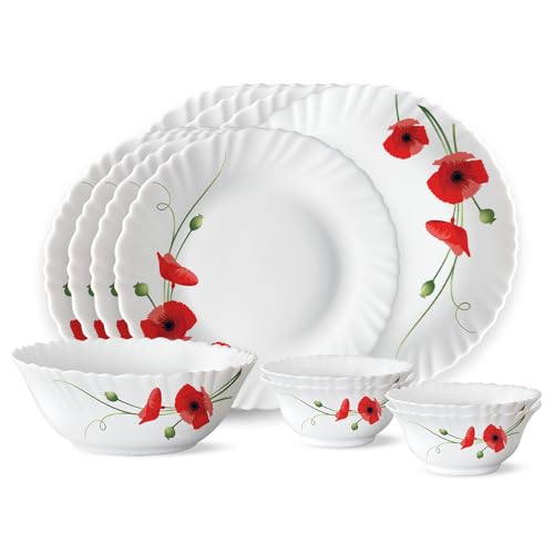 Fluted Series Red Carnation Opalware Dinner Set | 13 Piece for Family of 4 | Microwave & Dishwasher Safe | Bone-Ash Free | Crockery Set for Dining & G