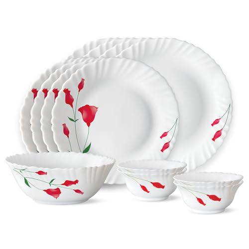 Fluted Series Diana Opalware Dinner Set of 4 Full Plate, 4 Quarter Plates, 4 Veg Bowls and 1 Serving Bowl | Bone-Ash Free Crockery Set for Dining Tabl