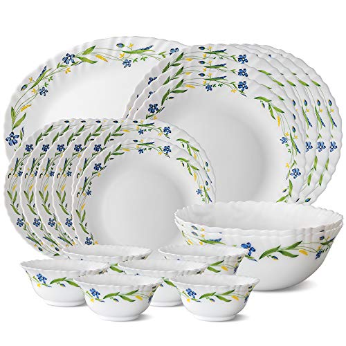 Larah by Borosil Cripper Fluted Series Opalware Dinnerset | 21 Pieces for Family of 6 | Microwave & Dishwasher Safe | Bone-Ash Free, Crockery Set for 