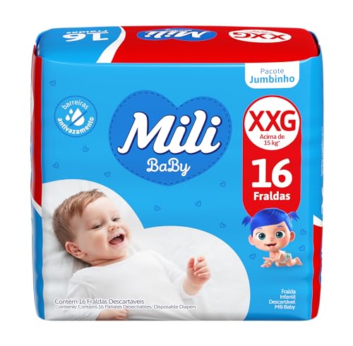 Mili Fralda Infantil Baby Tamanho XXG, Proteção Diária, Ajuste Confortável, Barreiras Antivazamento, 16 Unidades